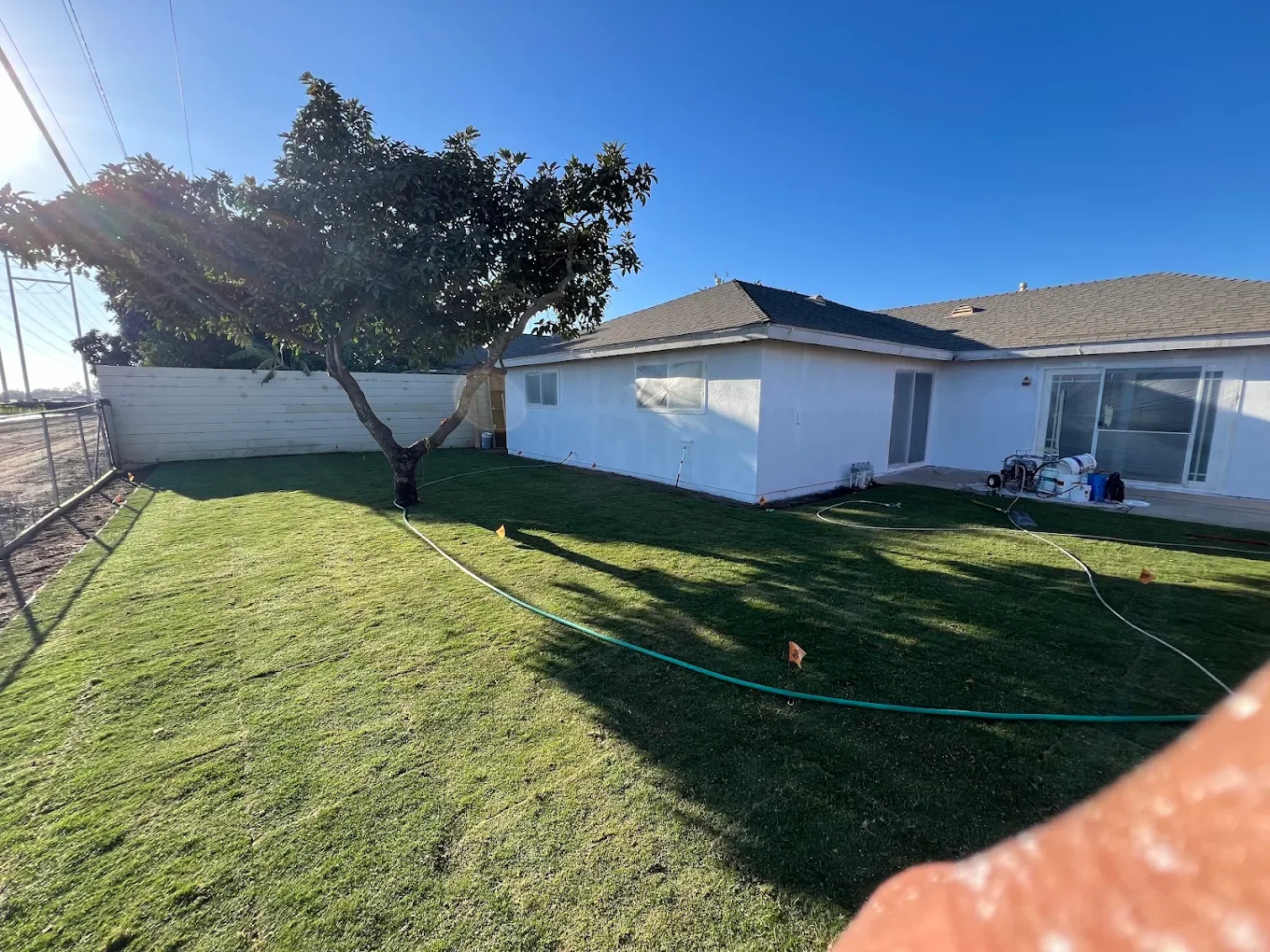 Backyard of a white stucco ranch home with fresh sod lawn